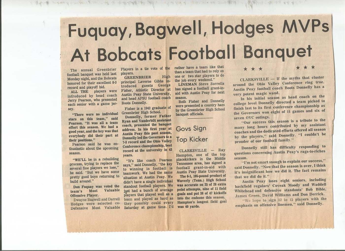 1977 Greenbrier football banquet MVP article