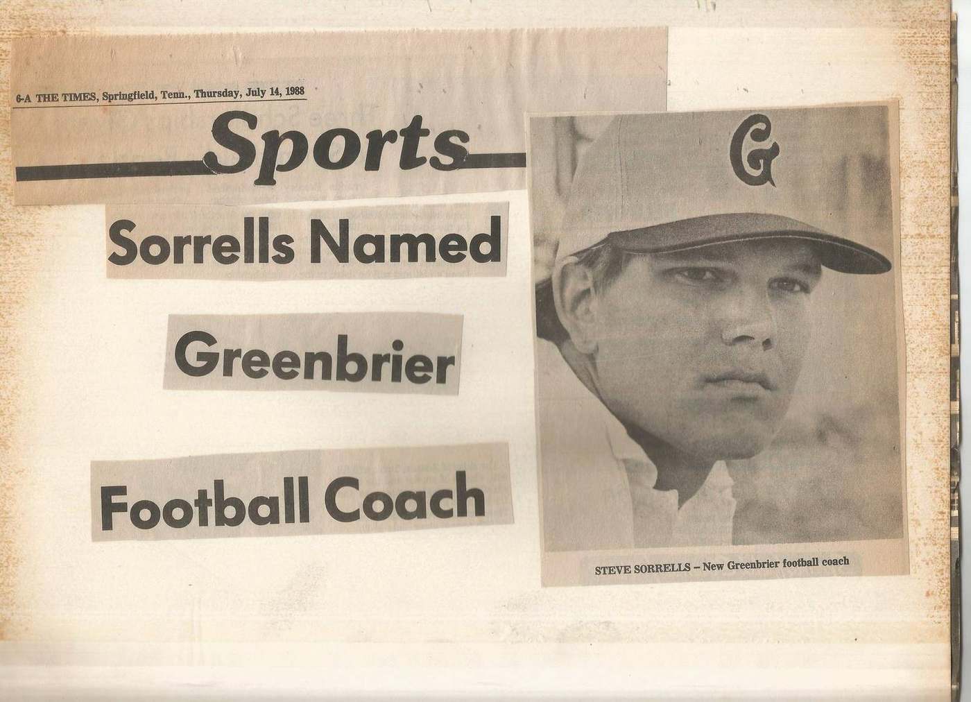 July 1988 newspaper page announcing Steve Sorrells as Greenbrier football coach