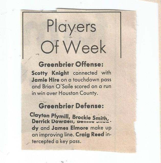 1988 Greenbrier Players of the Week clipping after Houston County