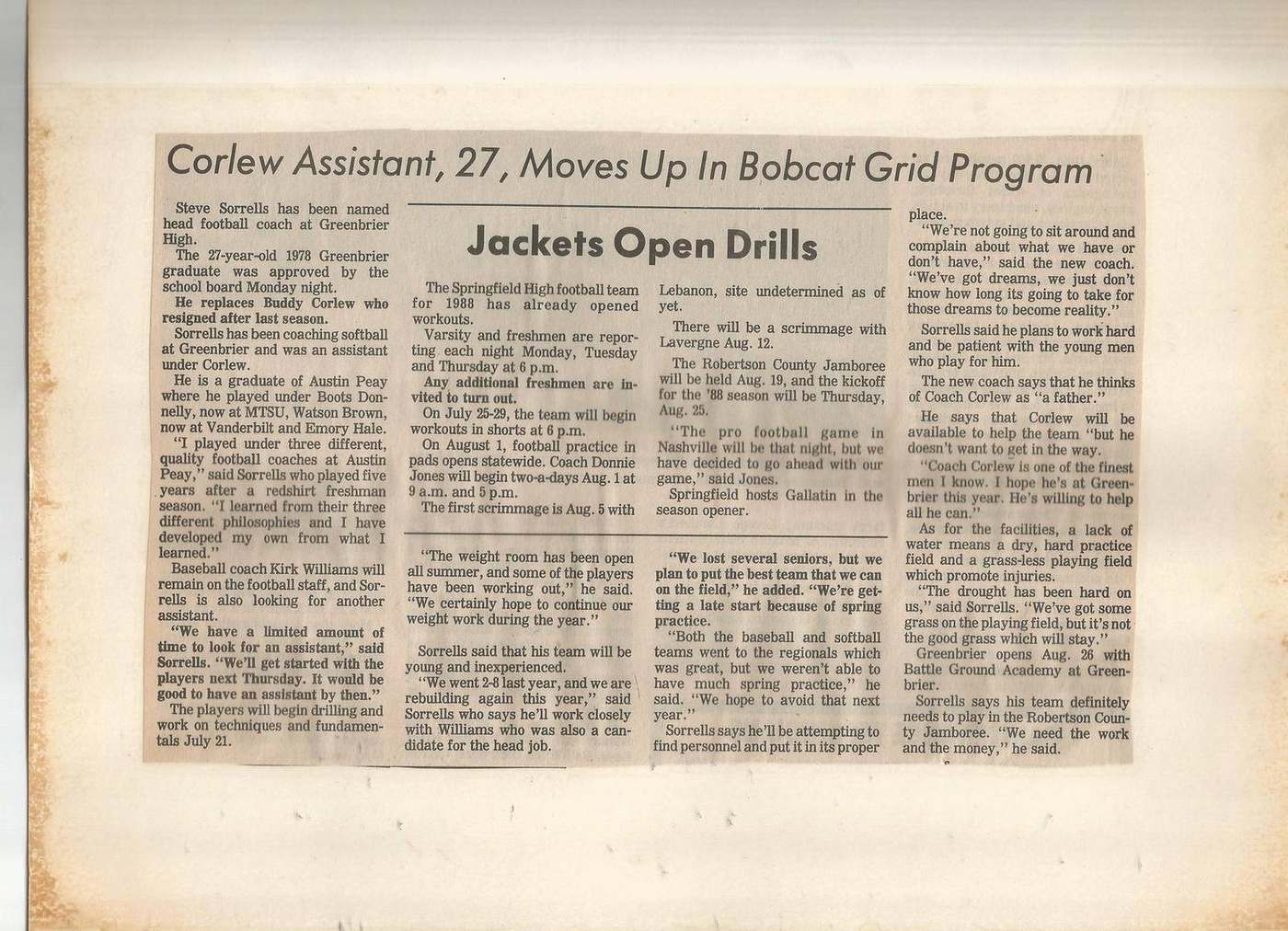 1988 article about Steve Sorrells moving from assistant to head coach