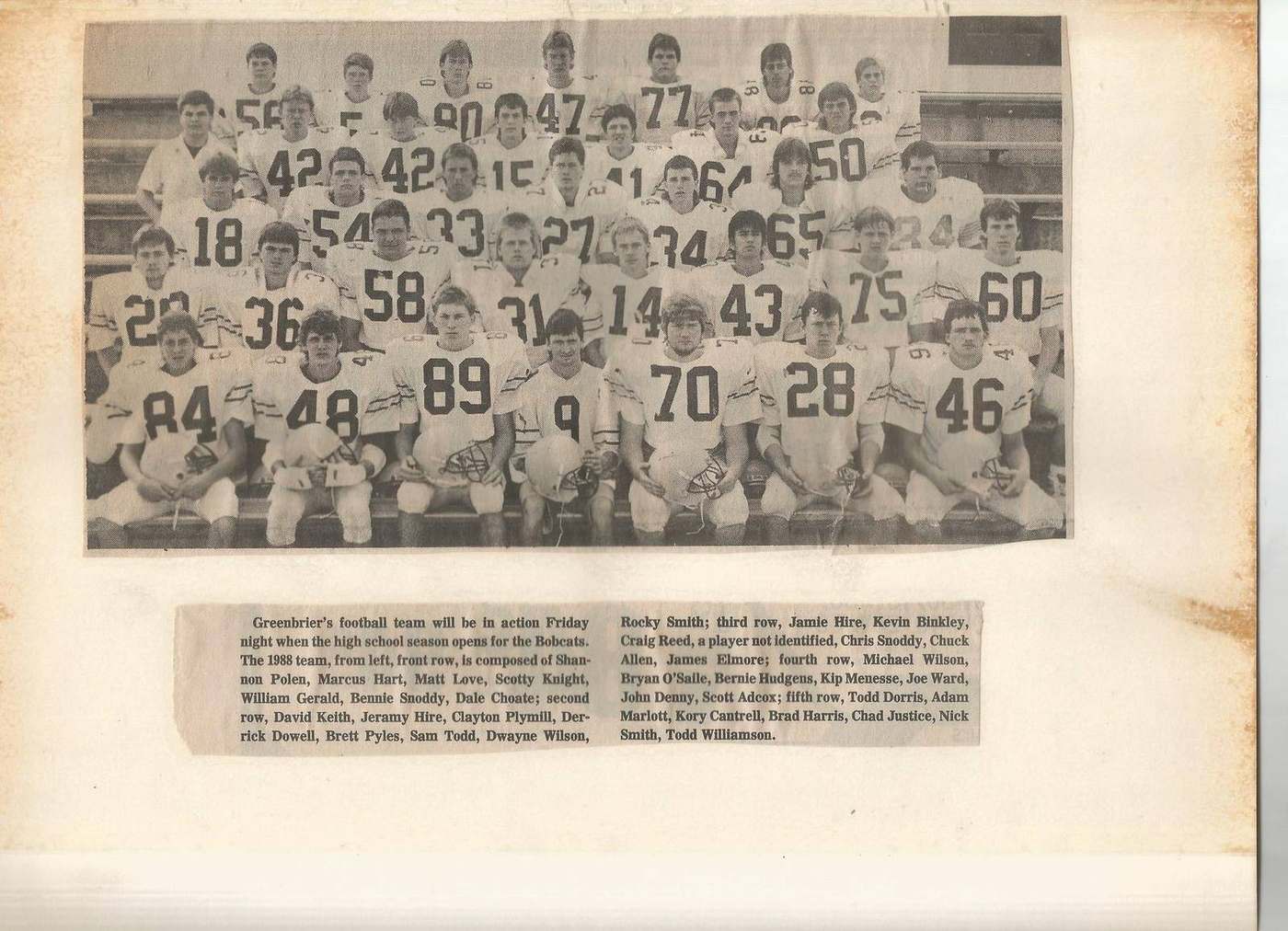 1988 Greenbrier football team photo and printed roster caption