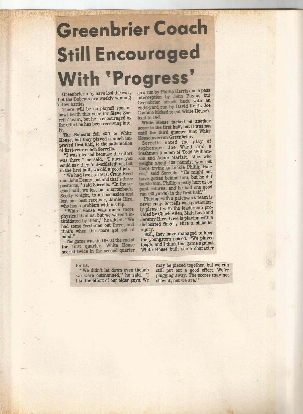 1988 Greenbrier coach encouraged with progress after White House