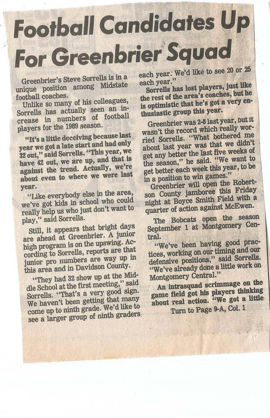 1989 Football Candidates Up for Greenbrier Squad article