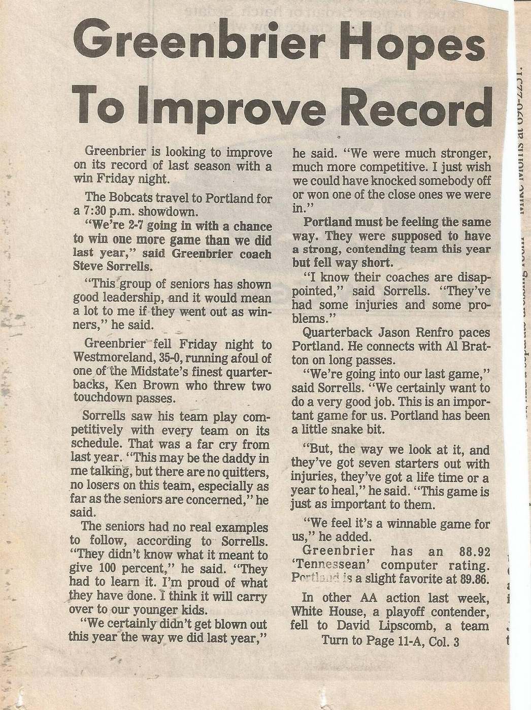 1989 Greenbrier Portland final week preview