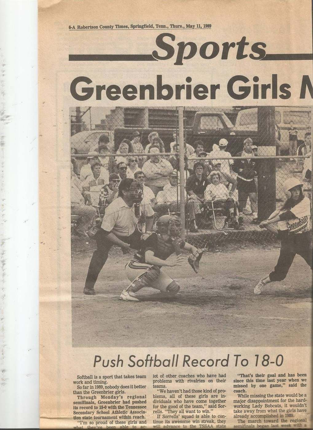 May 11 1989 Push Softball Record To 18-0