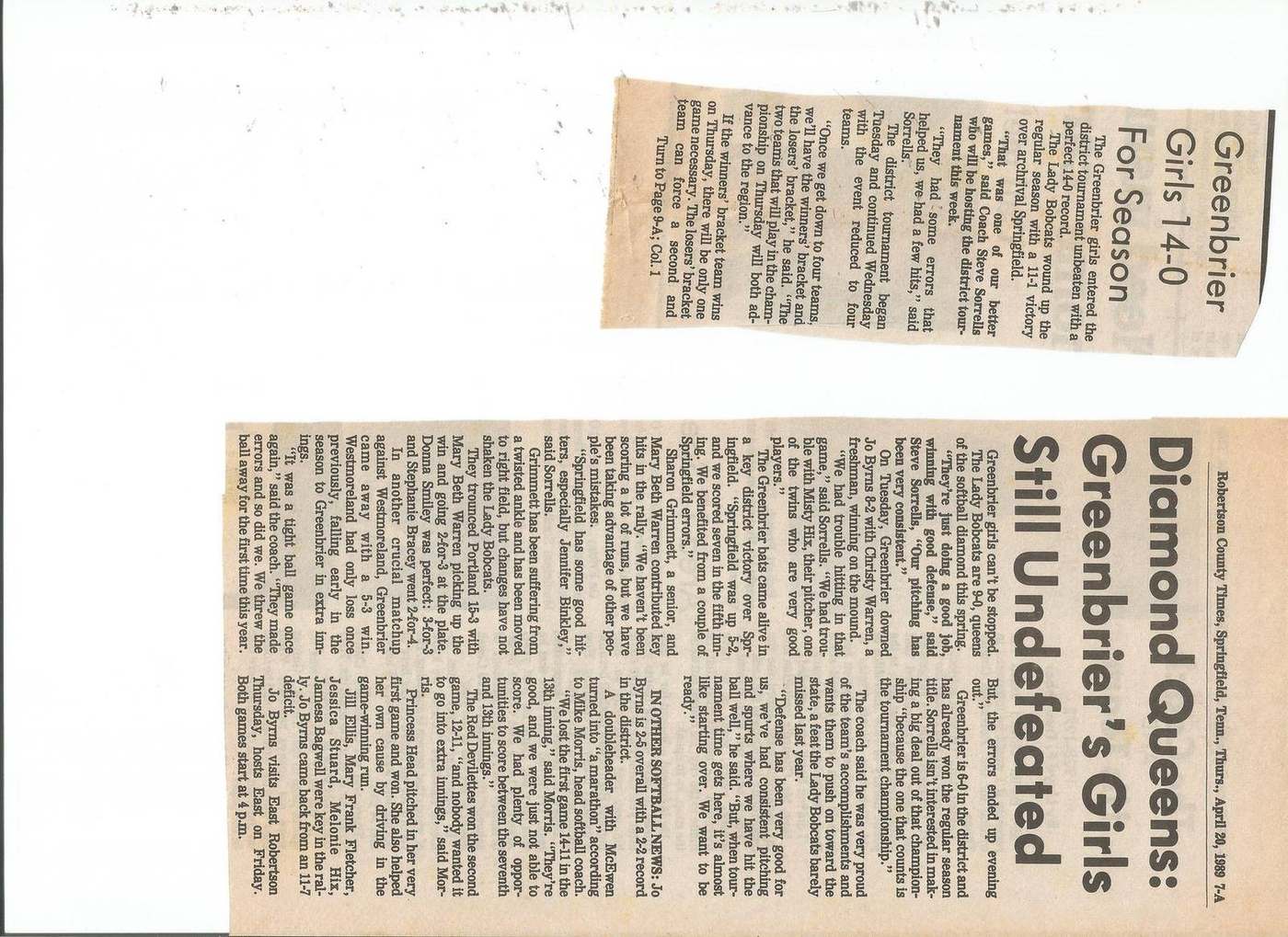 April 20 1989 Diamond Queens softball article