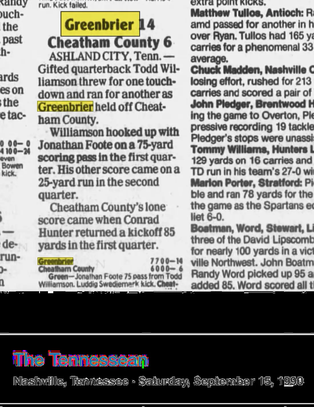 Greenbrier 14, Cheatham County 6 newspaper scan
