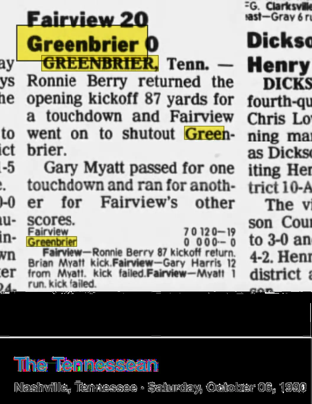 Fairview 19, Greenbrier 0 newspaper scan