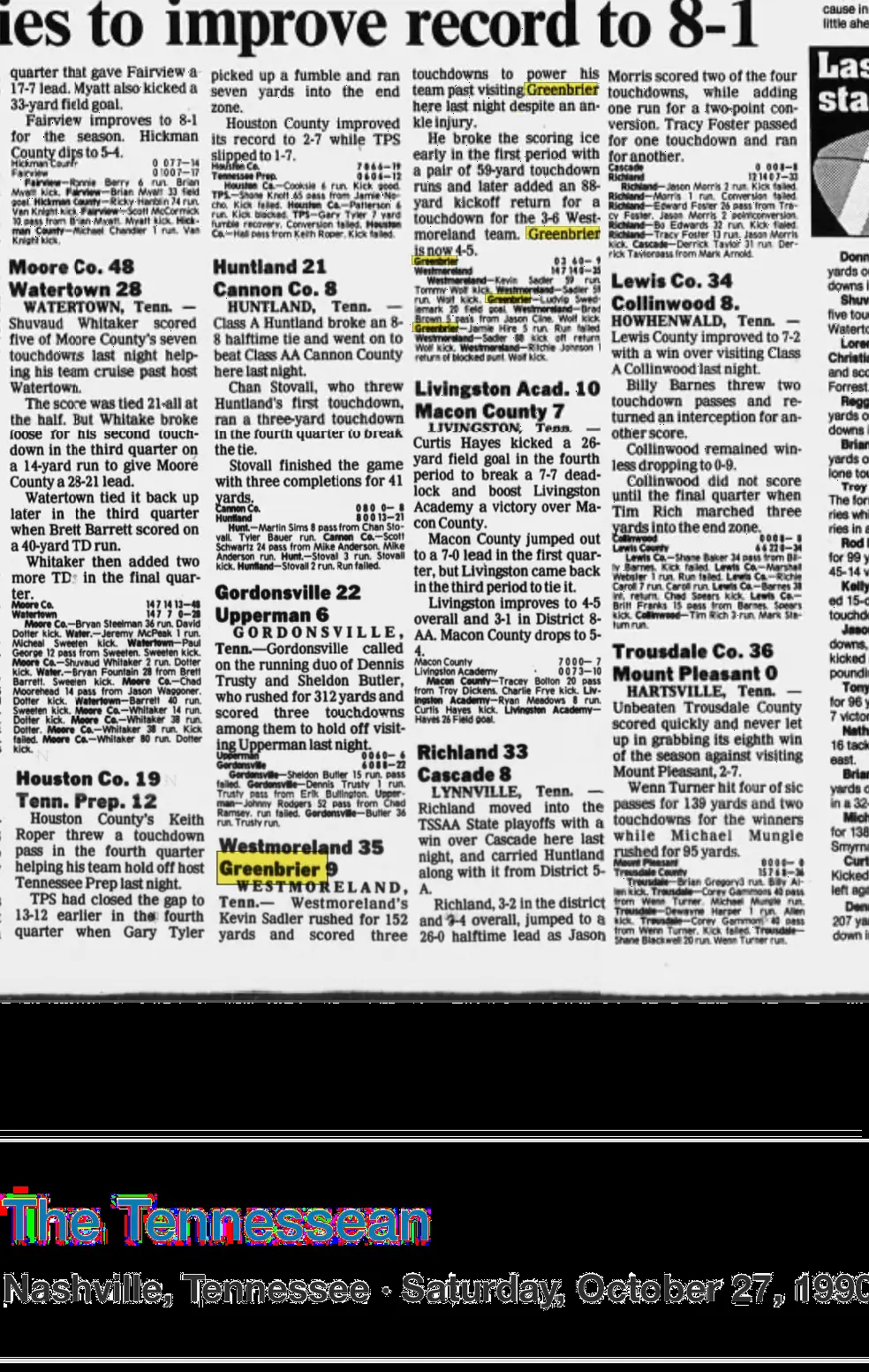 Westmoreland 35, Greenbrier 9 newspaper scan