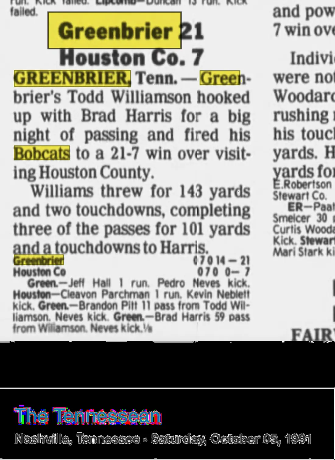 Greenbrier 21, Houston County 7 newspaper scan