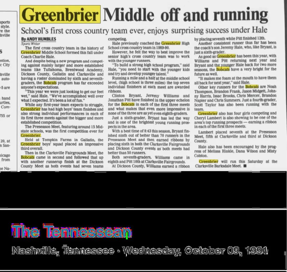 Greenbrier Middle's first cross-country team newspaper scan