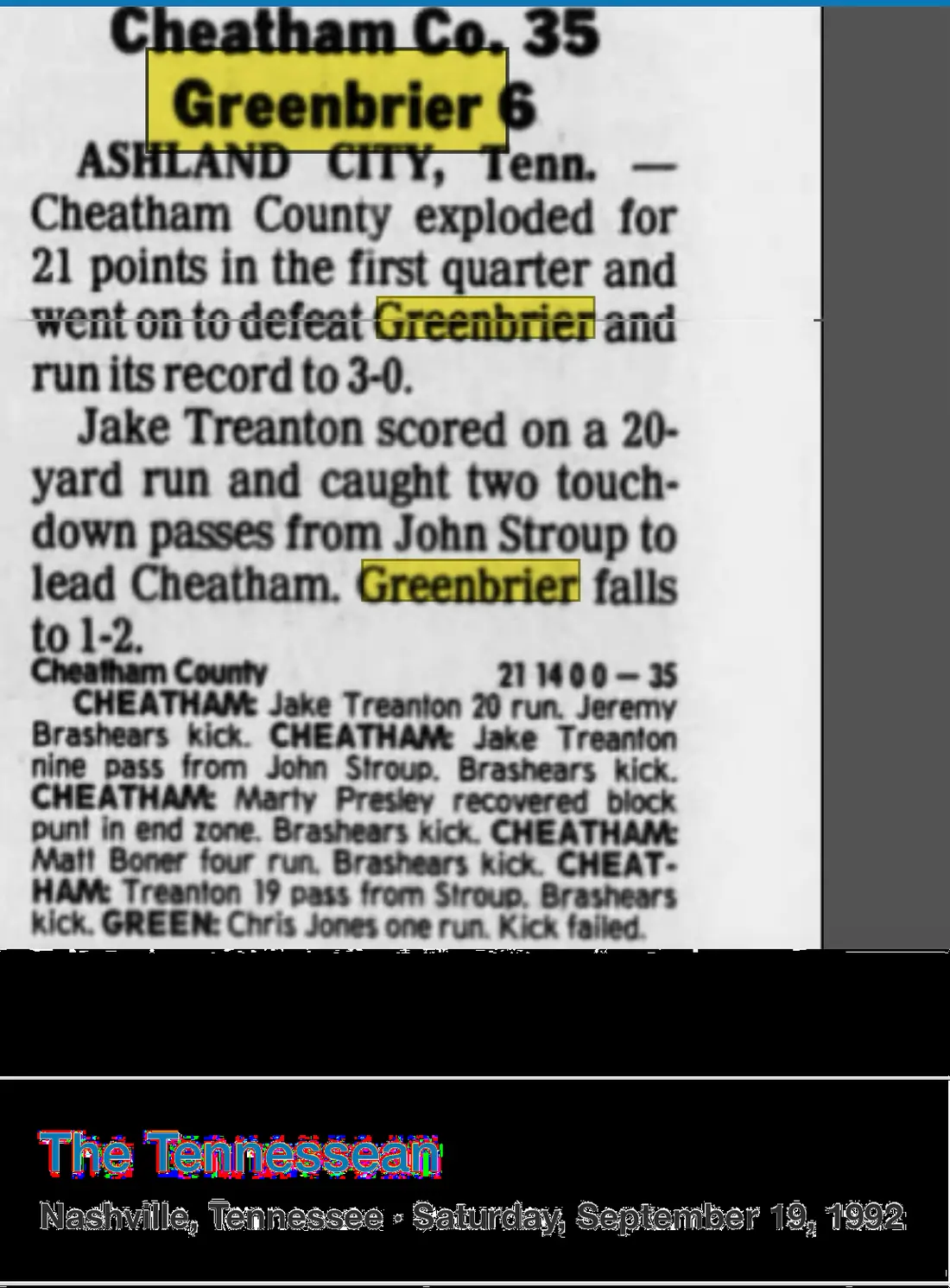 Cheatham County 35, Greenbrier 6 newspaper scan