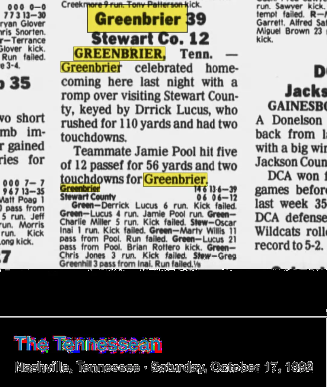 Oct. 17, 1992 newspaper report of Greenbrier's Homecoming win over Stewart County