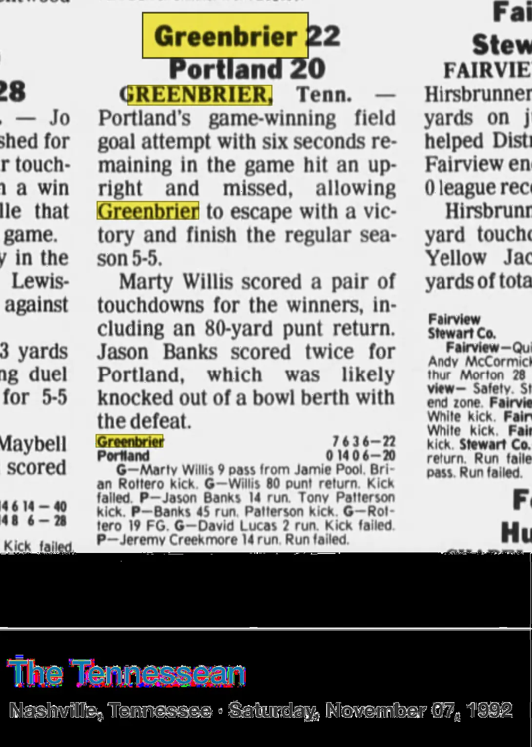 Greenbrier 22, Portland 20 newspaper scan