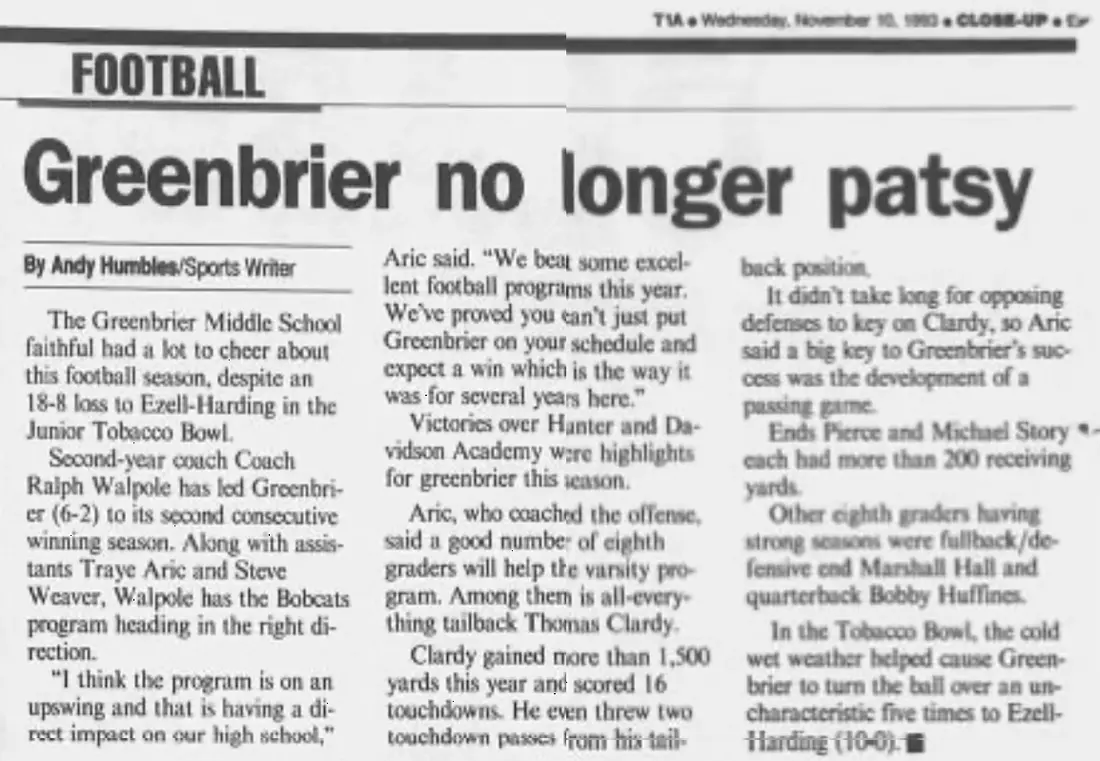 Greenbrier Middle no longer a patsy newspaper scan