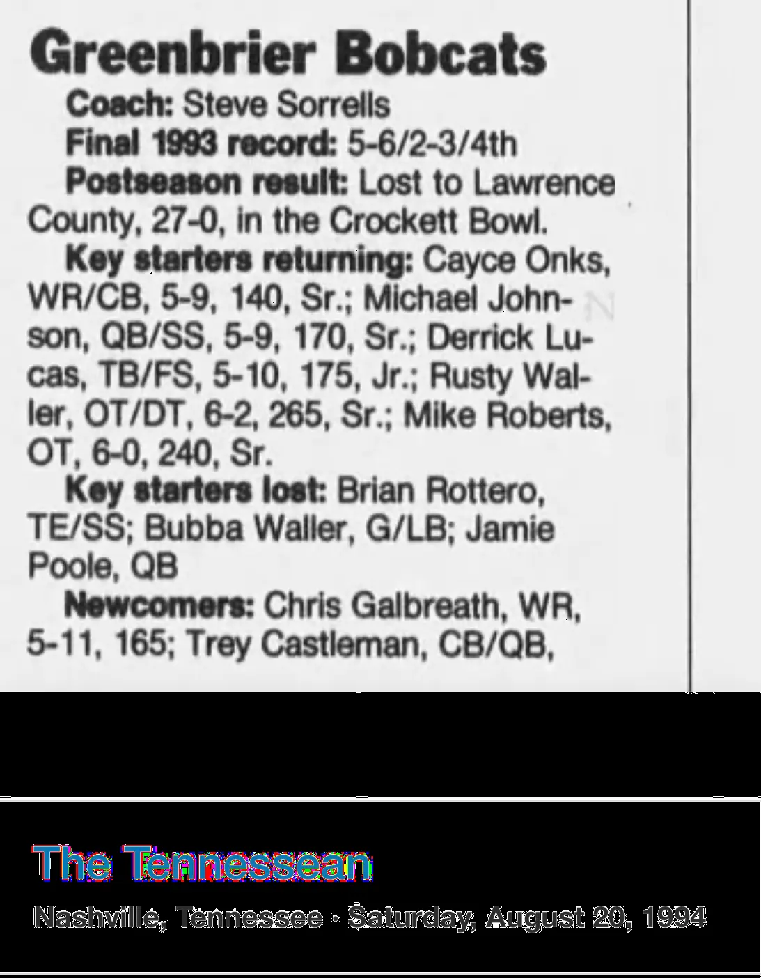 1994 preseason capsule newspaper scan