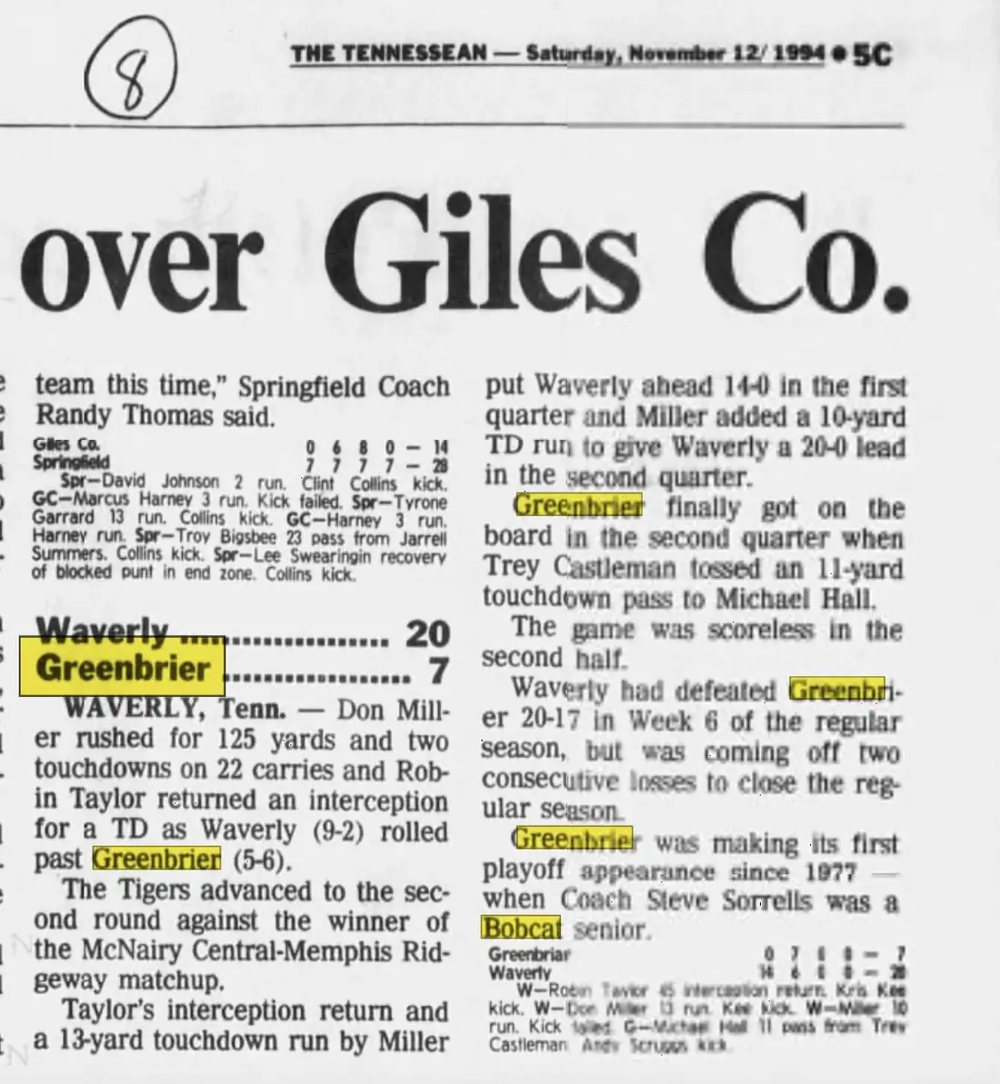 Waverly 20, Greenbrier 7 newspaper scan
