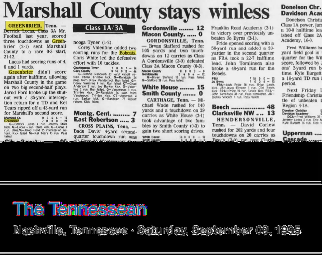 Greenbrier 21, Marshall County 12 newspaper scan