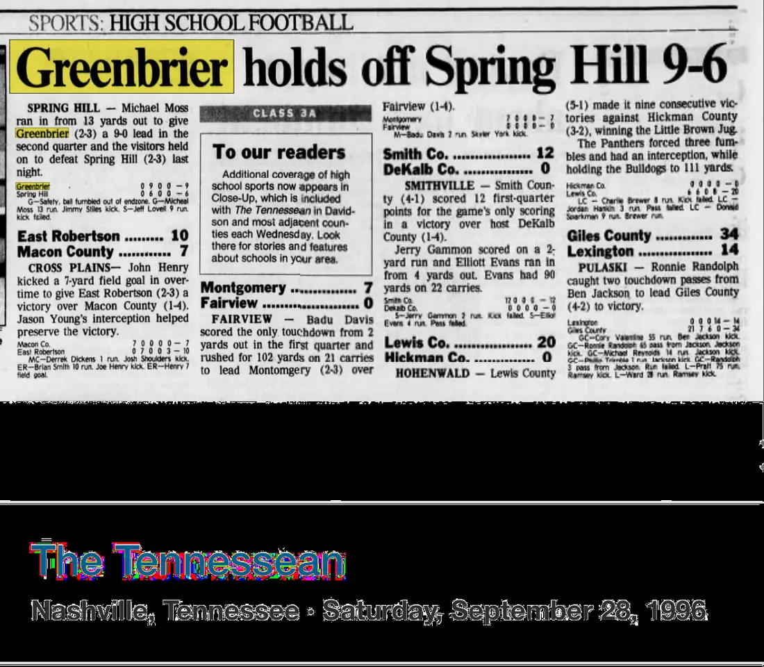 Macon County 13, Greenbrier 12 newspaper scan