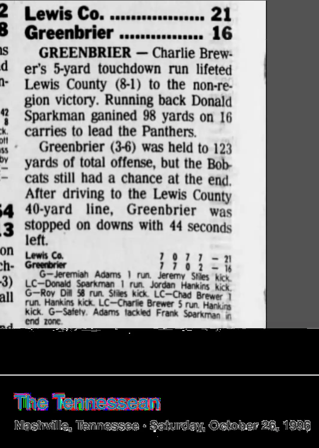 White House 28, Greenbrier 17 newspaper scan