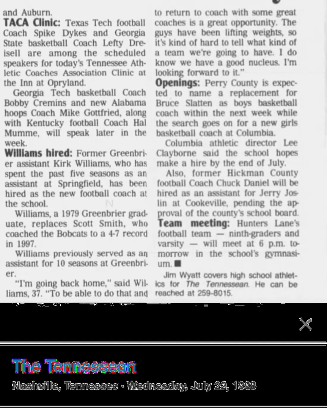 Kirk Williams hired as head coach newspaper scan