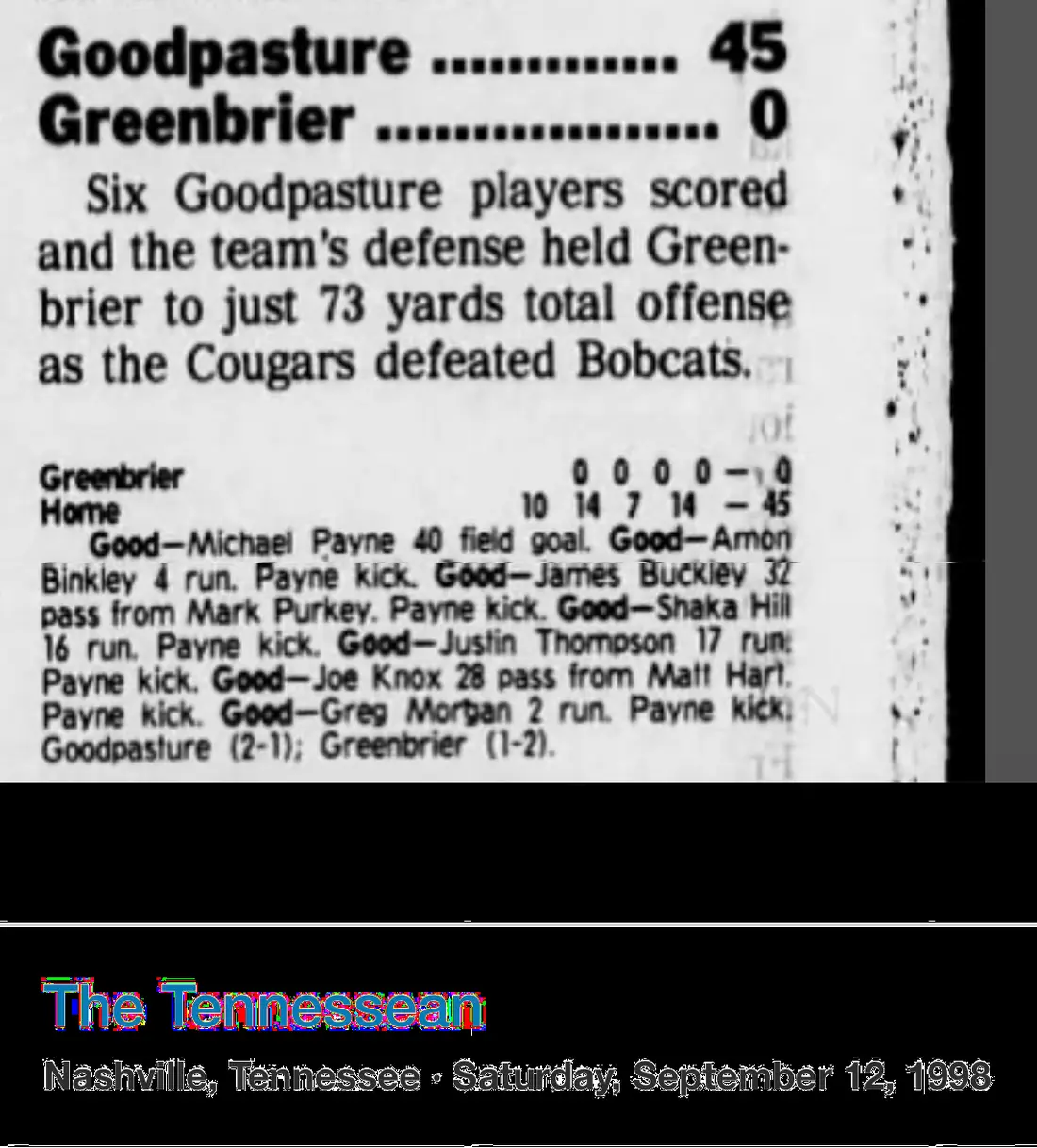 Goodpasture 45, Greenbrier 0 newspaper scan