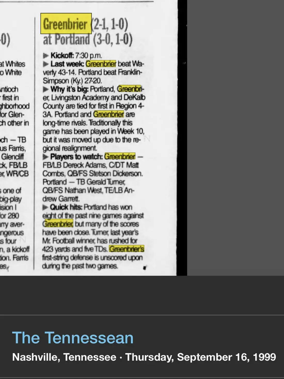 Greenbrier at Portland preview newspaper scan