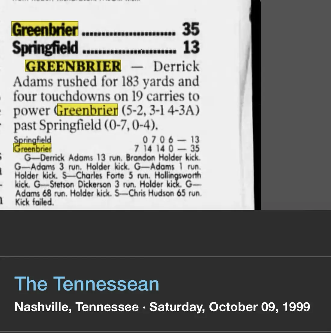 Greenbrier 35, Springfield 13 newspaper scan