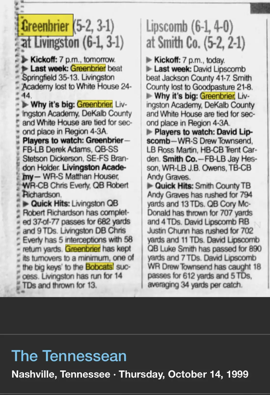 Livingston Academy matchup preview newspaper scan