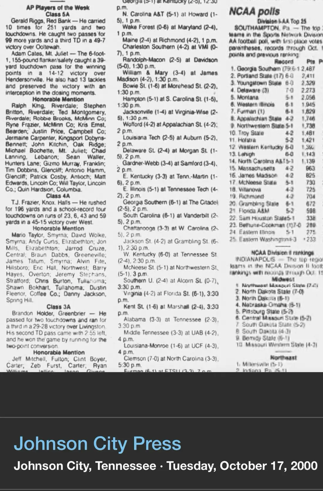 Brandon Holder named an AP Player of the Week newspaper scan