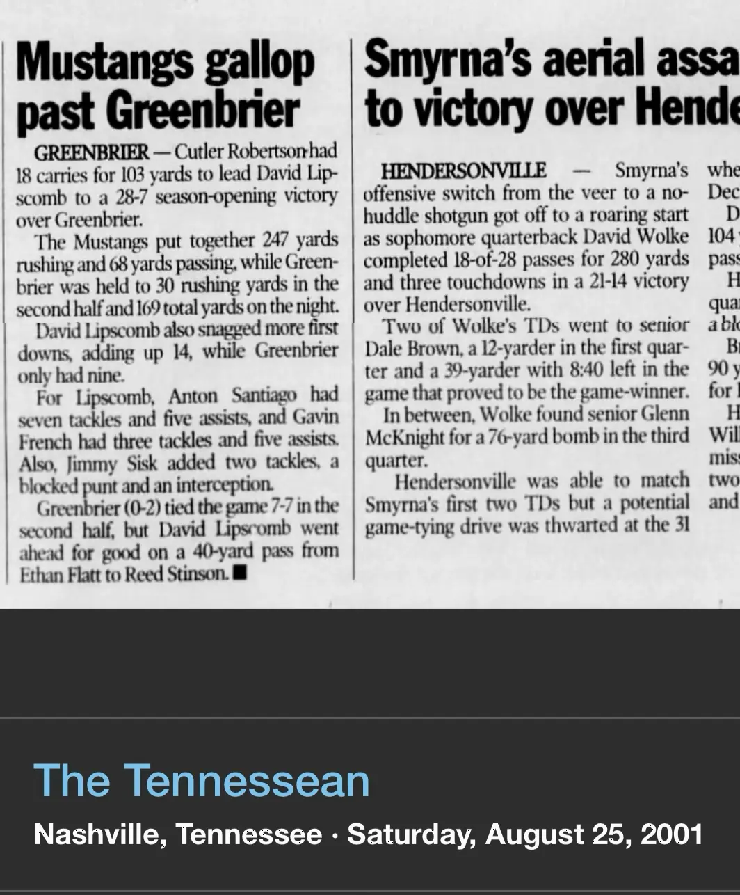 David Lipscomb 28, Greenbrier 7 newspaper scan