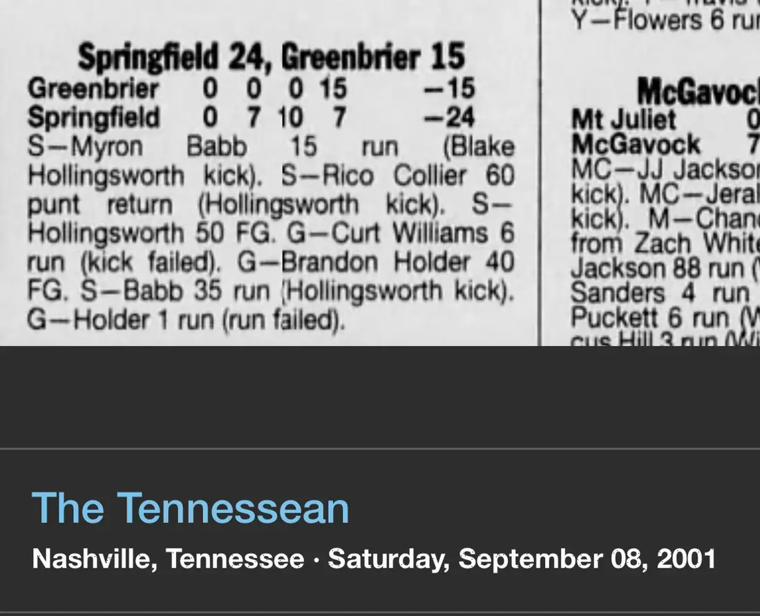 Springfield 24, Greenbrier 15 newspaper scan