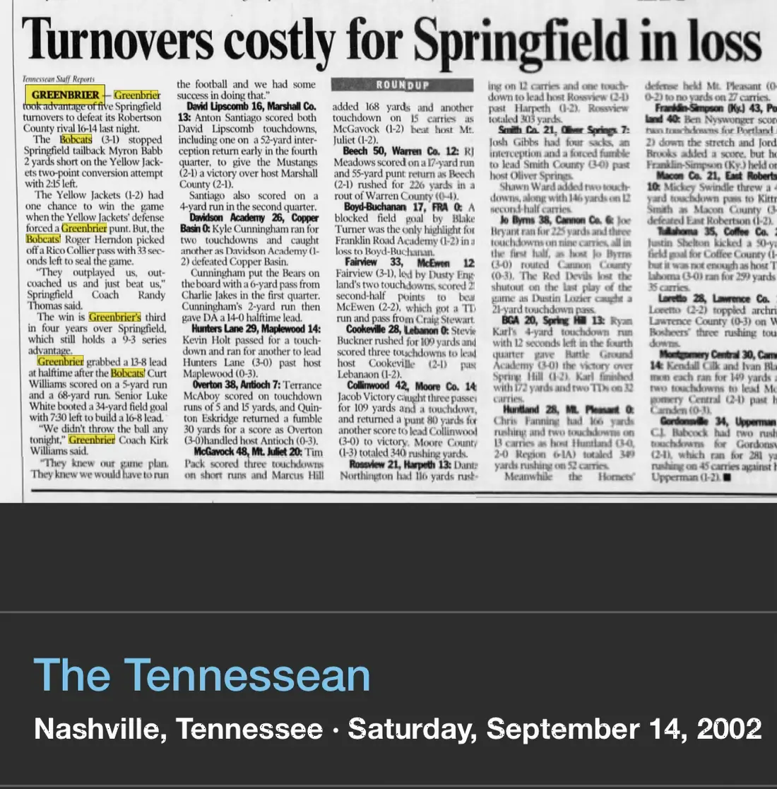 Greenbrier 16, Springfield 14 newspaper scan