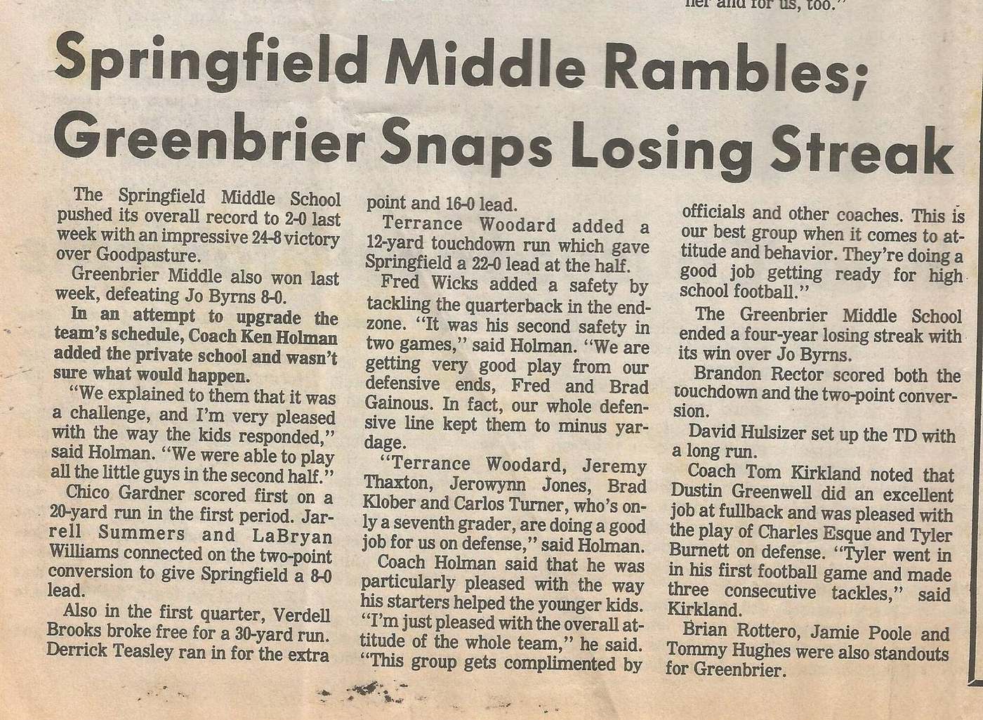 Newspaper clipping Greenbrier Middle snaps four year losing streak with 8 to 0 win over Jo Byrns
