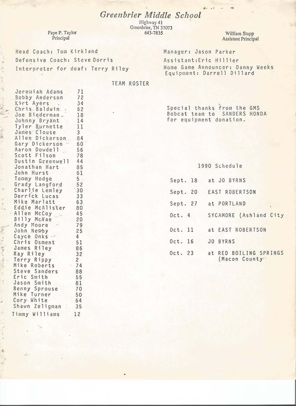 1990 Greenbrier Middle School football roster staff and schedule