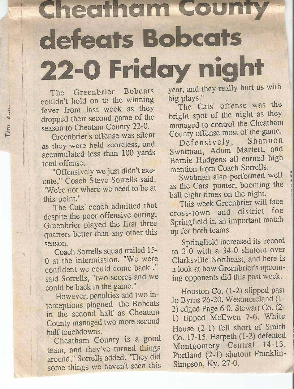 1991 newspaper article Cheatham County defeats Greenbrier 22 to 0
