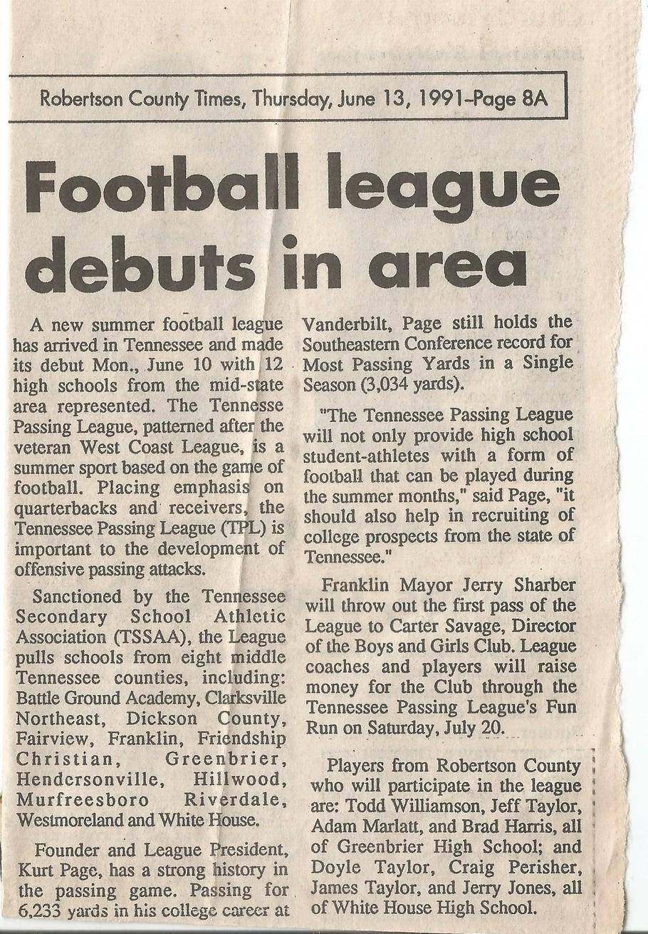 June 13 1991 Robertson County Times article on the Tennessee Passing League