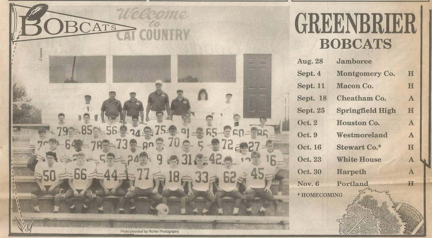 1992 Greenbrier football team photo and printed schedule