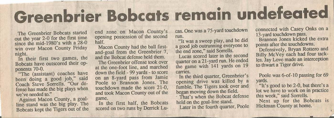 1993 Greenbrier remains undefeated after 28 to 0 Macon County win