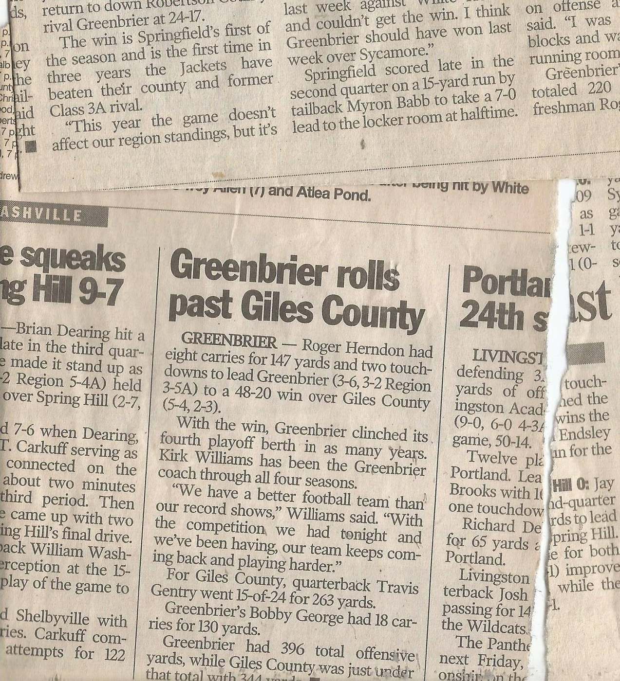 2001 Greenbrier rolls past Giles County 48–20 newspaper clipping