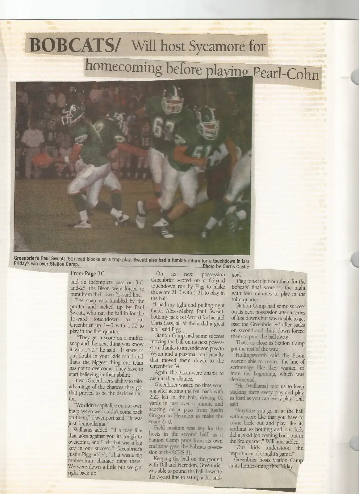Rotated 2005 scrapbook page saying Greenbrier will host Sycamore for Homecoming