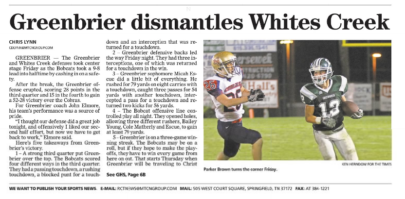 Newspaper story headlined Greenbrier dismantles Whites Creek