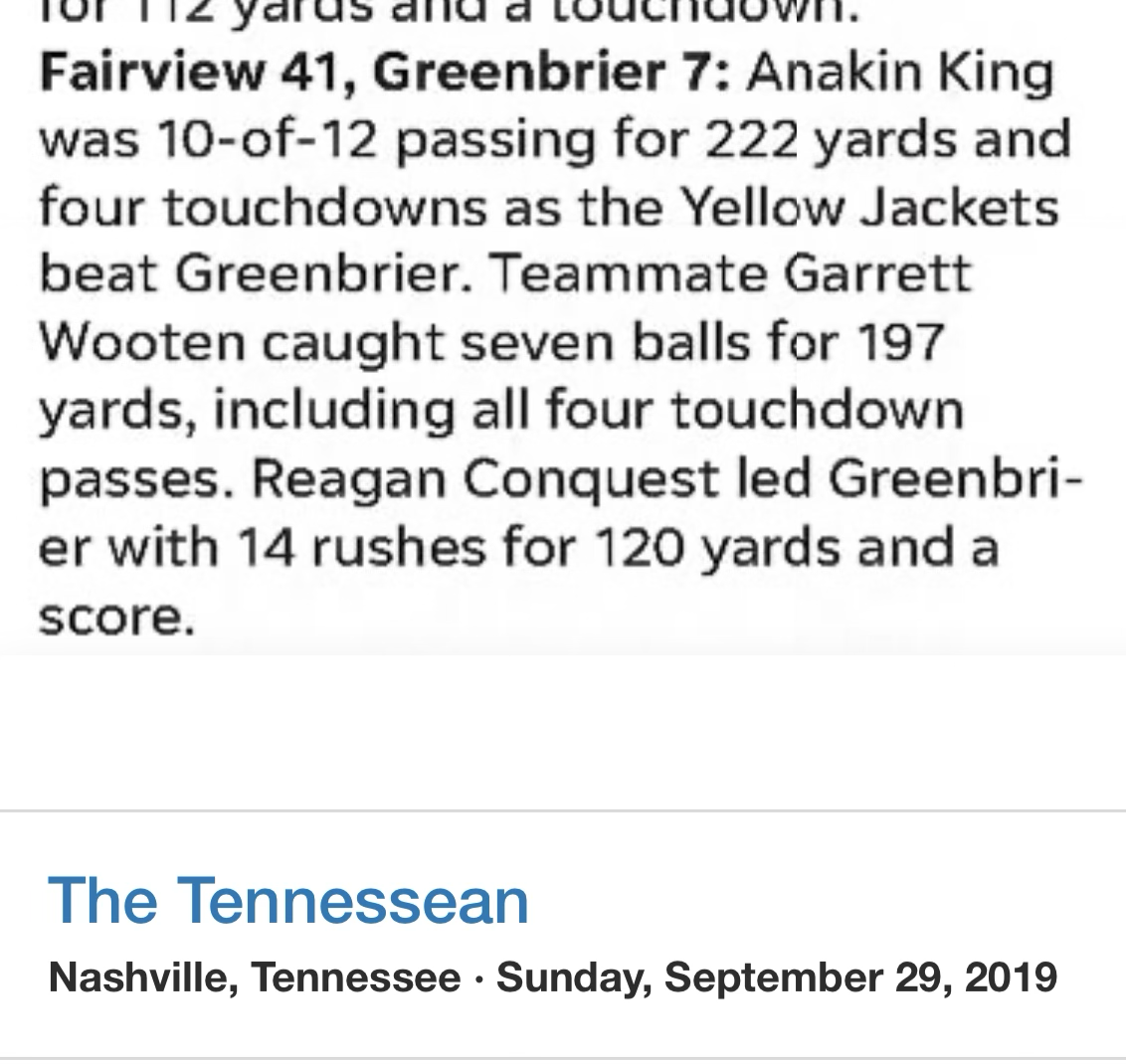 The Tennessean summary of Fairview’s 2019 win at Greenbrier