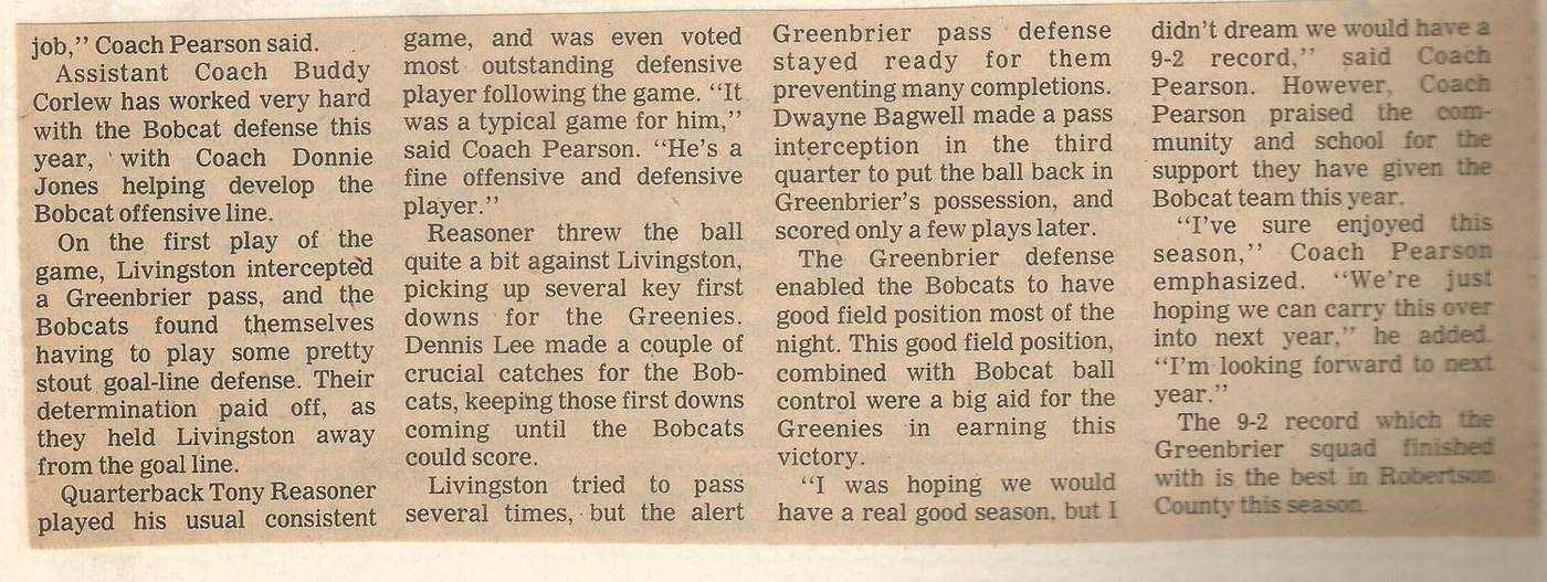 1976 Industrial Bowl newspaper excerpt crediting assistant coach Buddy Corlew with Greenbrier's defense