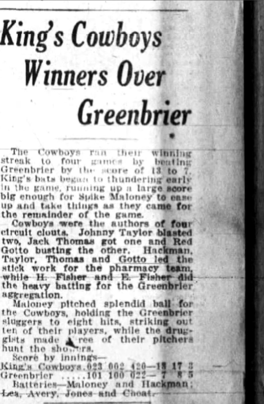 King’s Cowboys Winners Over Greenbrier newspaper clipping