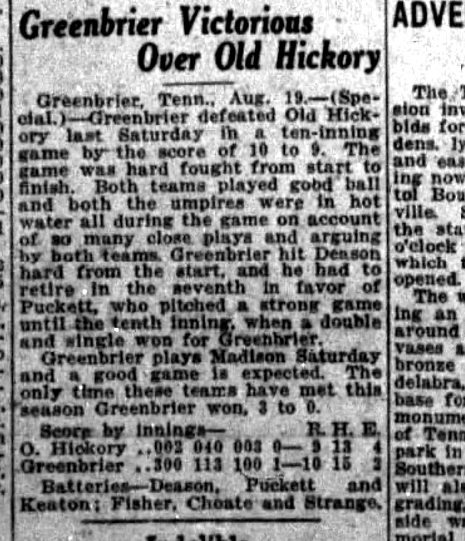 Greenbrier Victorious Over Old Hickory newspaper clipping