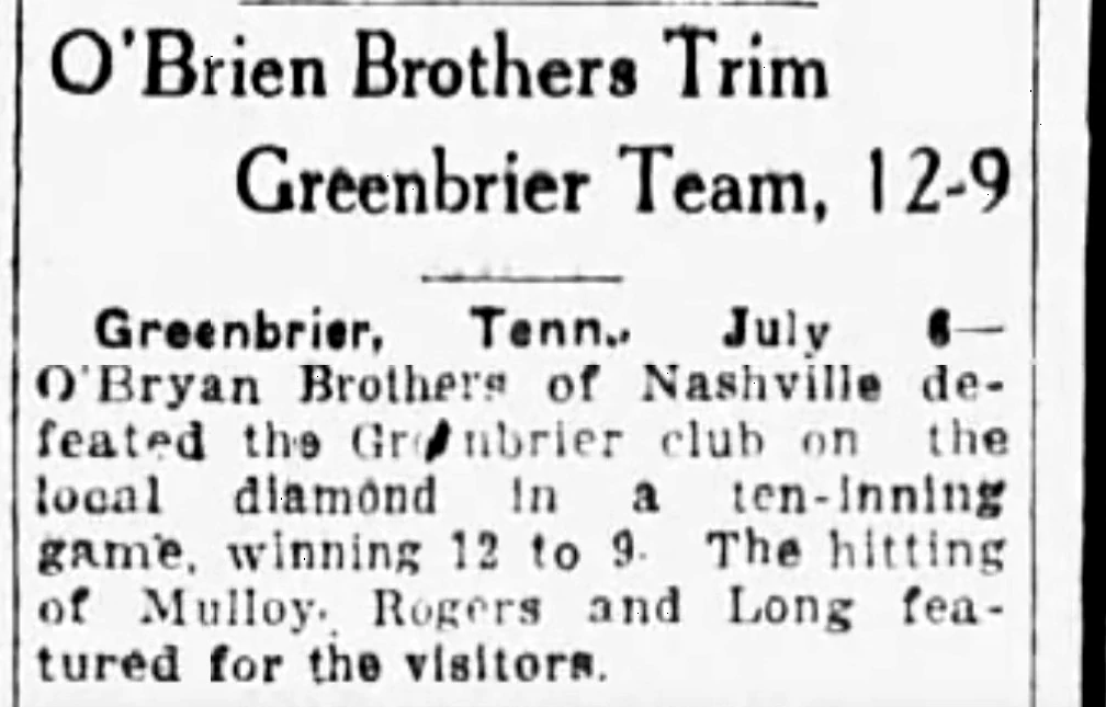 O’Brien Brothers Trim Greenbrier Team, 12–9 newspaper clipping
