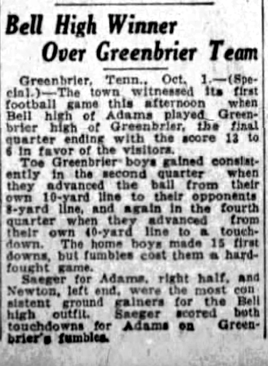 Bell High Winner Over Greenbrier Team newspaper clipping