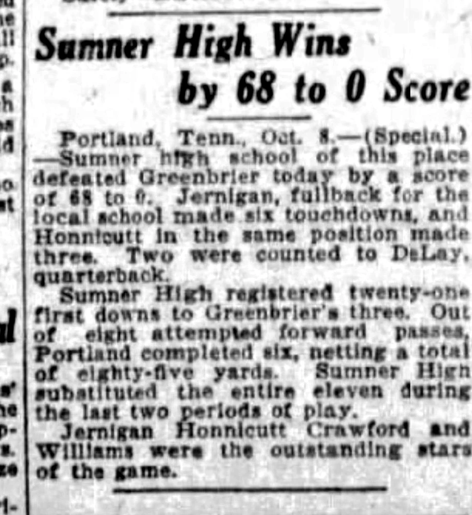 Sumner High Wins by 68 to 0 Score newspaper clipping