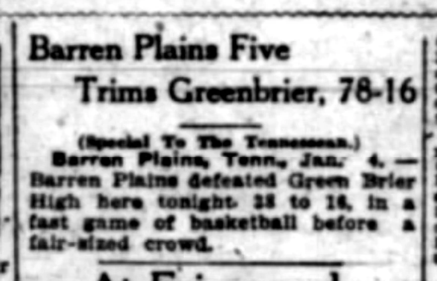 Barren Plains Five Trims Greenbrier, 78–16 newspaper clipping